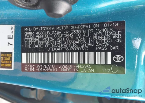 2018 Toyota Prius Prime Advanced z USA, uszkodzony, nr VIN JTDKARFP8J3070330